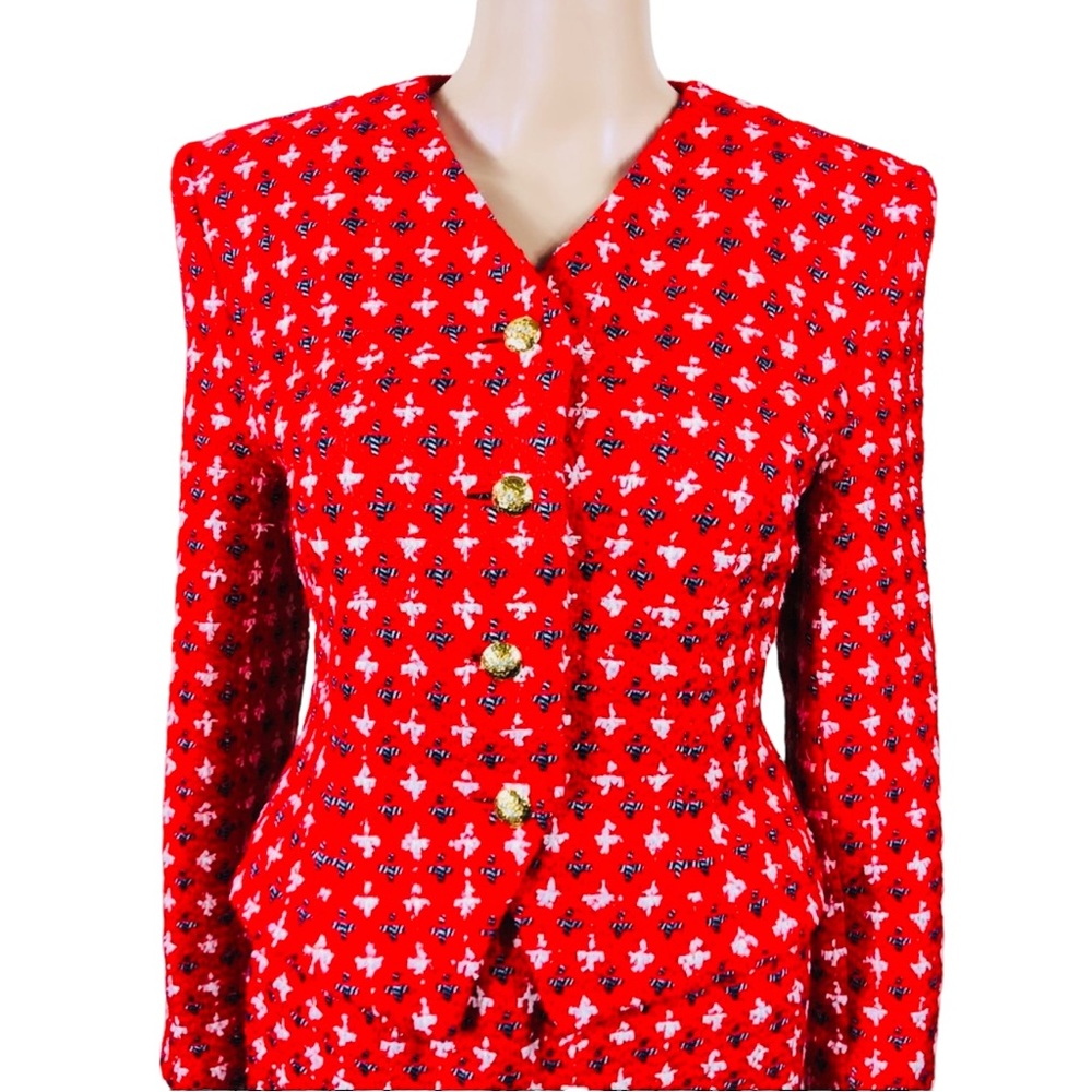 Doncaster multicolored red, white, black & silver metallic thread skirt suit szM - Picture 2 of 15